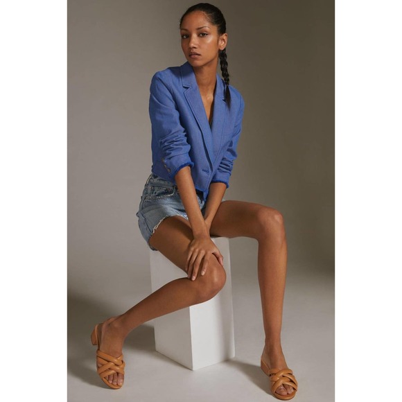 by Anthropologie Cropped Frayed Hem Blazer Blue Single Button Women's Size 2 - Picture 3 of 13